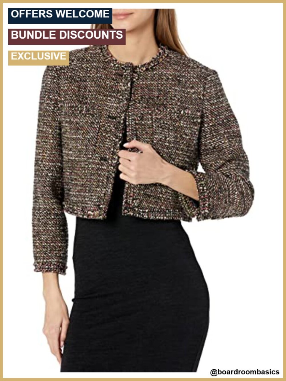 Short Cropped Tweed Jacket Wool Fringe Patch Pocket Women's